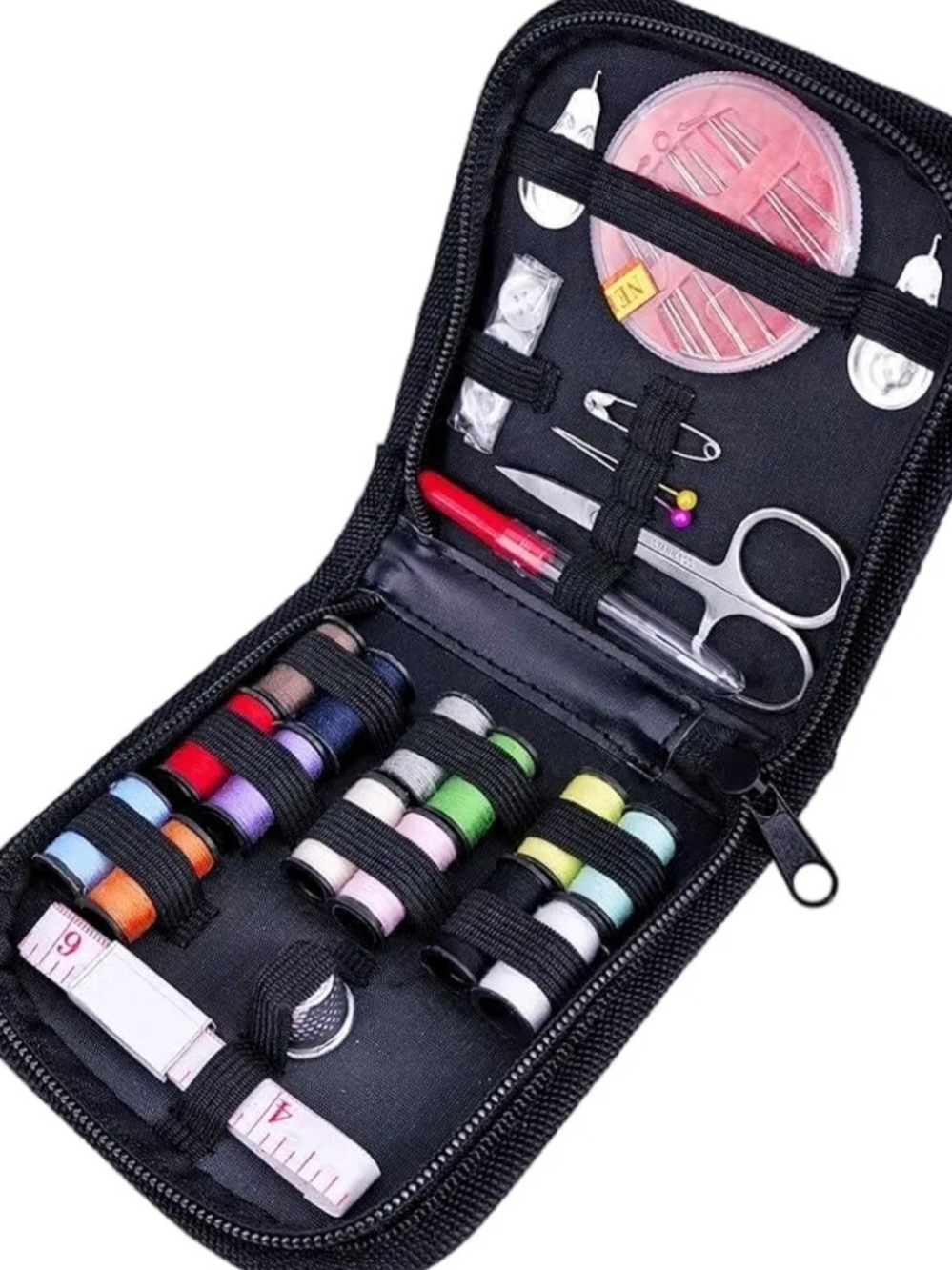 Compact Sewing Kit Case with Multi-Color Threads - Black